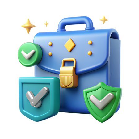 Blue briefcase with check mark icons isolated on transparent background represents business security and successの素材