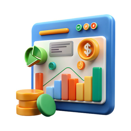Financial dashboard with bar graph and coin isolated on transparent background shows business growth and investmentの素材