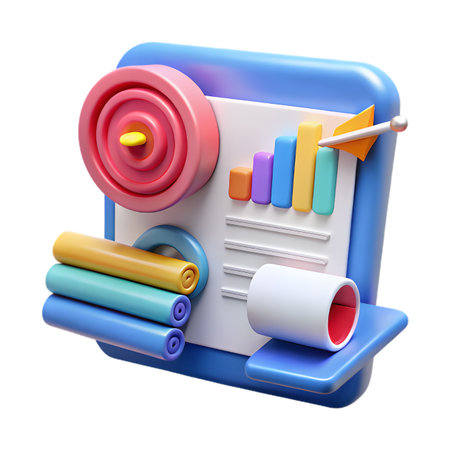 A 3d render of a business dashboard with bar graph, target, and pencil isolated on transparent backgroundの素材