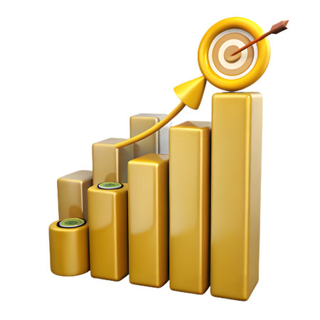 Golden bar graph with an arrow hitting the bullseye isolated on transparent background, illustrating business successの素材