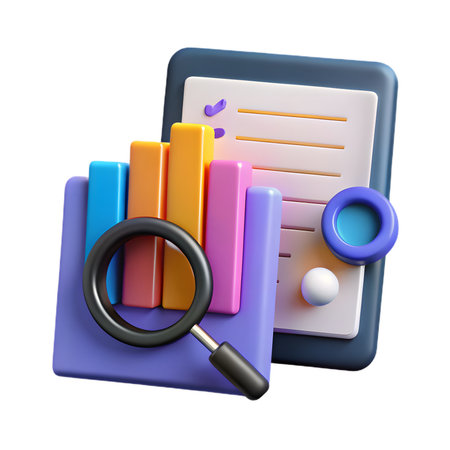 Magnifying glass focusing on bar graph with checklist, representing data analysis isolated on transparent backgroundの素材