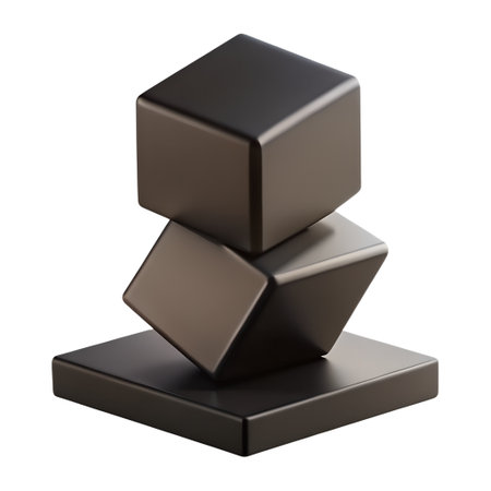 Three black cubes stacked on top of each other, creating a minimalist and modern geometric composition isolated on transparent backgroundの素材