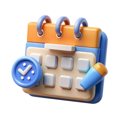 Calendar appointment reminder with clock and pen isolated on transparent background for time managementの素材