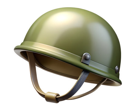 Olive green military helmet with a chinstrap isolated on transparent background, offering protection and safety during combatの素材