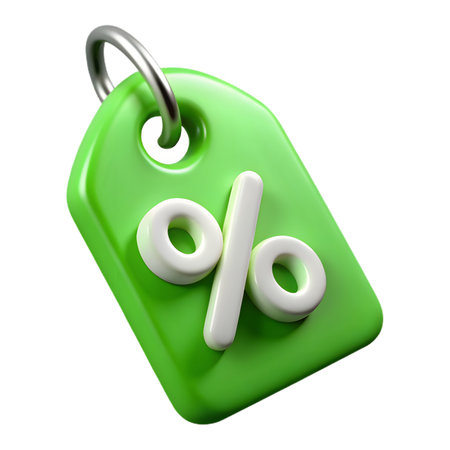Vibrant green discount tag featuring a prominent percentage symbol, isolated on transparent backgroundの素材
