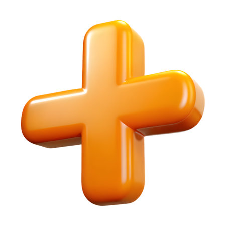 Orange plus sign isolated on transparent background, a symbol of addition, increase, and positive valuesの素材