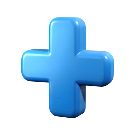 A blue plus sign is rendered in 3d, casting a soft shadow on the white surface isolated on transparent backgroundの素材
