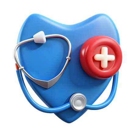 A blue heart with a stethoscope and a red cross isolated on transparent background conveys healthcare conceptの素材