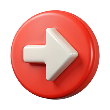 Red button with white arrow pointing right isolated on transparent background, a simple and modern design elementの素材
