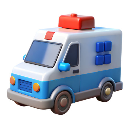 A cartoon ambulance with a red siren on top isolated on transparent background, ready to rush to the rescueの素材