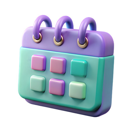 Pastel calendar icon with purple and green color scheme isolated on transparent background 3d rendering objectの素材