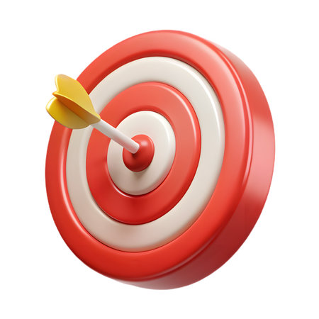 Red and white target with arrow hitting the center, isolated on transparent background aiming for success conceptの素材