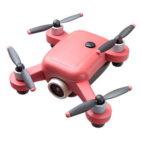 A red toy drone with four propellers hovers against an isolated on transparent background, casting a soft shadowの素材