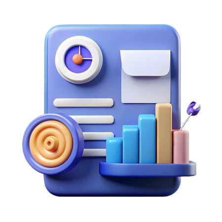 3d render of business dashboard with graph, clock, and target isolated on transparent background concept of data analysisの素材