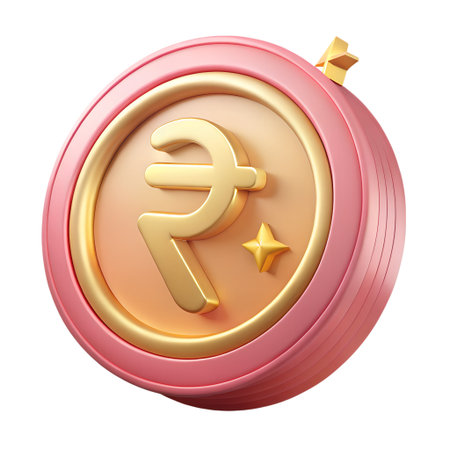 A 3d rendering of a pink and gold coin with the indian rupee symbol isolated on transparent backgroundの素材