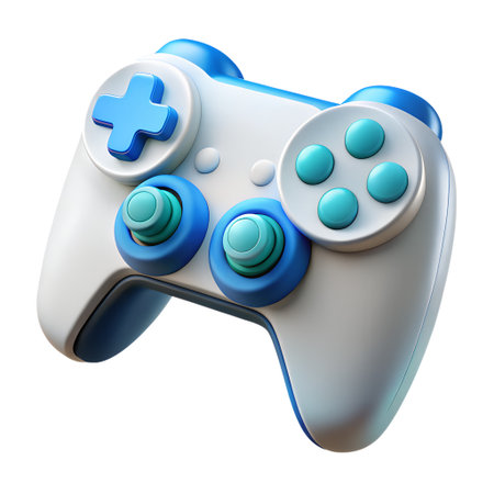 A modern white and blue video game controller with joysticks and buttons, representing gaming and digital entertainment, isolated on white isolated on transparent backgroundの素材