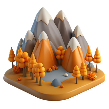 Stylized 3d isometric autumn landscape featuring snowcapped mountains, vibrant orange trees, and a serene lake, isolated on transparent backgroundの素材