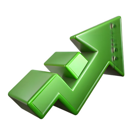 A vibrant green 3d arrow pointing upwards, representing growth, success, progress, and positive financial trends, isolated on transparent backgroundの素材