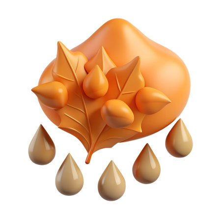 Stylized 3d render of an autumn leaf with golden dew drops, symbolizing fall, nature, and the changing seasons, isolated on transparent backgroundの素材
