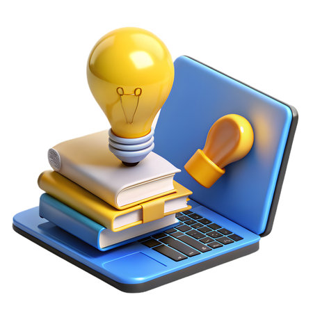 3d render of a laptop with books and a light bulb, symbolizing education, knowledge, and online learning, isolated on transparent backgroundの素材