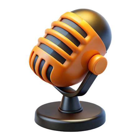A classic 3d rendered vintage microphone in vibrant orange and black, ideal for podcasting, broadcasting, and recording, isolated on transparent backgroundの素材
