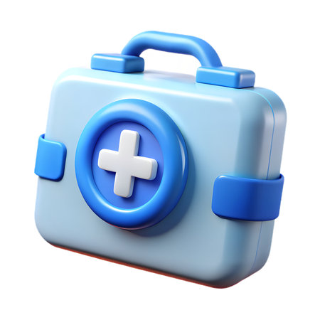 Light blue first aid kit with a blue cross symbol, symbolizing health, emergency, and medical care, isolated on transparent backgroundの素材