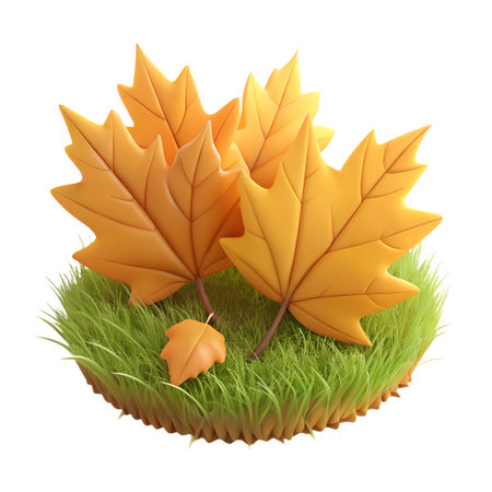 Vibrant 3d rendered maple leaves in autumn colors resting on a lush green grass patch, symbolizing the fall season, isolated on transparent backgroundの素材