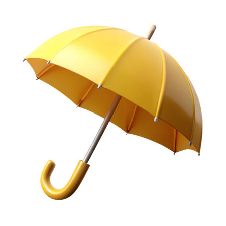A bright yellow open umbrella, providing protection from rain or sun, is isolated on a clean transparent background, ready for useの素材