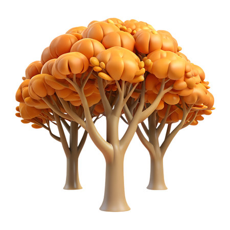 A group of stylized autumn trees with vibrant orange, rounded, pumpkinlike foliage and smooth trunks, isolated on transparent backgroundの素材