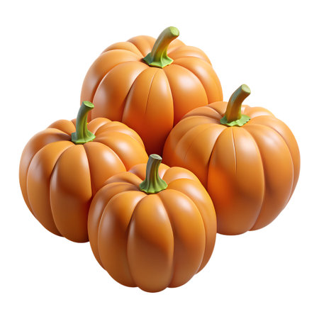 Four vibrant orange pumpkins with green stems, isolated on a transparent background, symbolizing autumn, halloween, and thanksgiving celebrationsの素材
