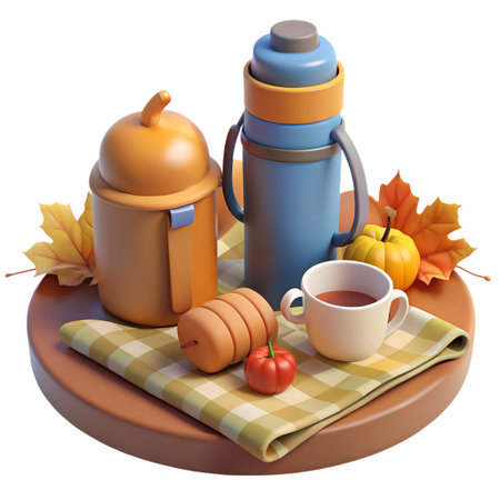 Autumn picnic arrangement with thermoses, a cup of warm drink, pumpkin, tomato, and fall leaves, isolated on transparent backgroundの素材