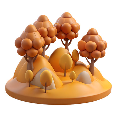 Charming 3d render of a stylized autumn island with orange trees and rolling hills, depicting a whimsical seasonal landscape isolated on transparent backgroundの素材