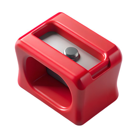 A vibrant red pencil sharpener with a sleek design, featuring a single blade and a shavings reservoir, isolated on transparent backgroundの素材