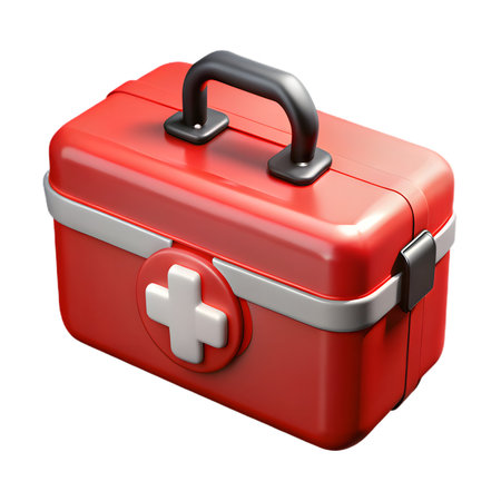 Red first aid kit with white cross, black handle, and latches, essential for medical emergencies and health, isolated on transparent backgroundの素材