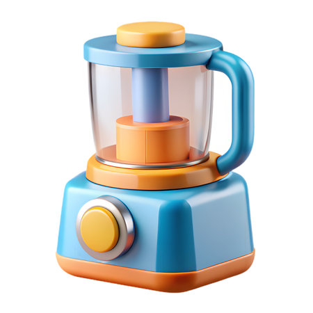 A colorful plastic toy blender with blue, orange, and clear components, designed for childrens imaginative play, isolated on transparent backgroundの素材