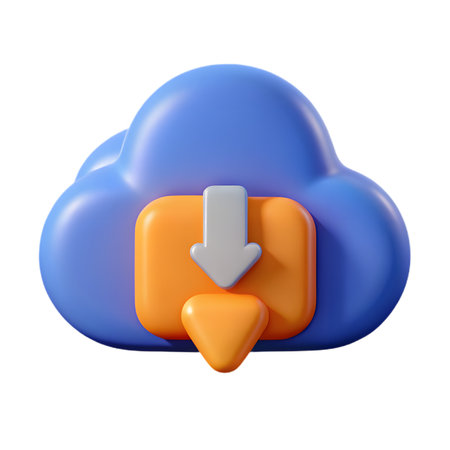 3d render of a blue cloud icon with an orange download arrow, symbolizing data transfer, cloud storage, and digital information, isolated on transparent backgroundの素材