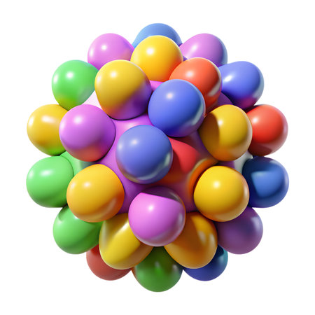 A vibrant abstract cluster of glossy, multicolored spheres forming a playful and dynamic shape, isolated on transparent backgroundの素材