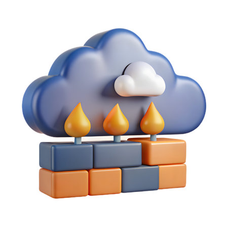 3d render of a blue cloud with white cloud, on a base of orange and blue blocks and three orange drops, isolated on transparent backgroundの素材