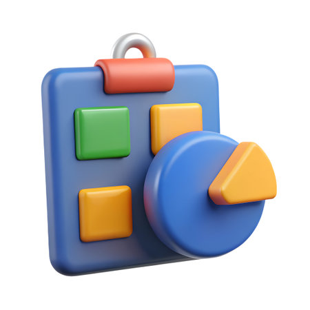 3d render of a blue clipboard with colorful square buttons and a pie chart showing data analysis and business statistics, isolated on transparent backgroundの素材