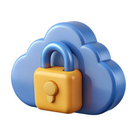 3d render of a blue cloud icon with a yellow padlock, symbolizing secure cloud storage and data protection, isolated on transparent backgroundの素材