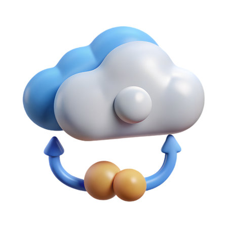 A 3d render of a cloud computing icon with a circular refresh or synchronization arrow, representing data transfer and online services, isolated on transparent backgroundの素材