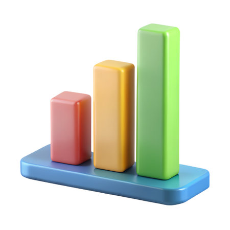 A vibrant 3d bar chart with three colorful columns representing data visualization, growth, and statistical analysis, isolated on transparent backgroundの素材