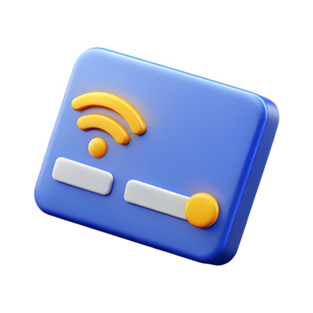 3d blue panel with yellow wifi symbol and two sliders, one with a yellow knob, for network settings, isolated on transparent backgroundの素材
