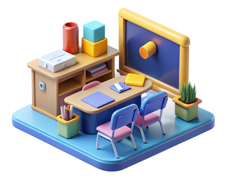 Miniature 3d render of a vibrant classroom setup with a teachers desk, student chairs, a blackboard, and various colorful school supplies, isolated on transparent backgroundの素材
