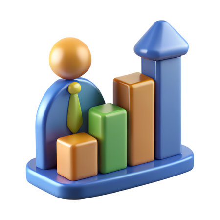 3d render of a business person and a bar chart with an upward arrow, symbolizing growth, success, and financial progress, isolated on transparent backgroundの素材