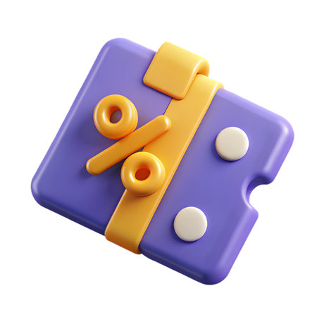 3d render of a purple discount coupon or tag with a yellow percentage sign, symbolizing sales, promotions, and special offers, isolated on transparent backgroundの素材