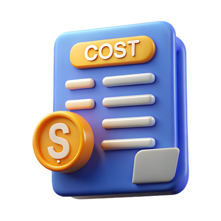 Blue cost document with a dollar coin, representing financial expenses, budget management, and economic planning, isolated on transparent backgroundの素材