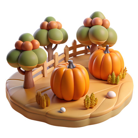 A delightful 3d autumn harvest scene with two large orange pumpkins, stylized trees, and a wooden fence on a brown platform, isolated on white isolated on transparent backgroundの素材