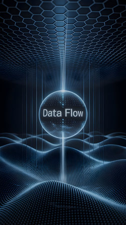 Digital data flow visualization with glowing sphere, intricate hexagonal network, and abstract undulating waves representing modern technology and connectivity.の素材
