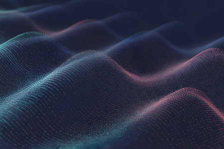 Dynamic abstract background of glowing blue and pink dots forming undulating waves, representing digital data, network connections, and technology evolutionの素材